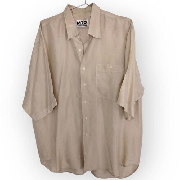 MTO Mens Shirt Sz Large Vtg 90s Silk Short Sleeve Collar Button Beige Classicore - Picture 1 of 8